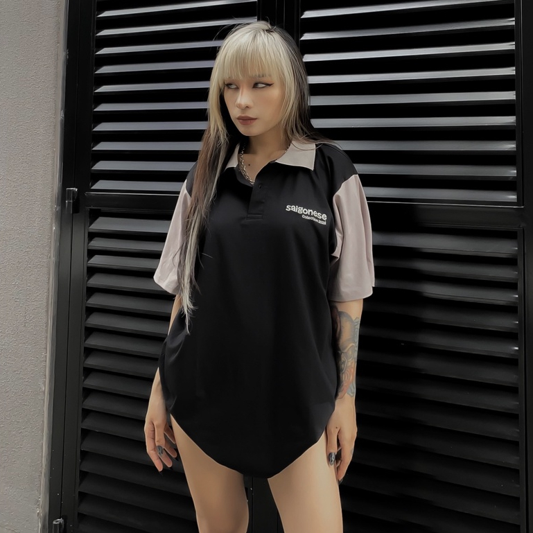 Áo Polo Unisex SAIGONESE Collection Basic Oversize Form Rộng Nam Nữ / Đen Tay Xám