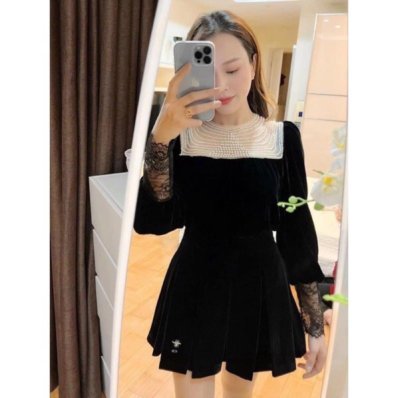 Áo nhung cổ ngọc dài tay phối ren hàng thiết kế cao cấp sang chảnh siêu đẹp ❤️