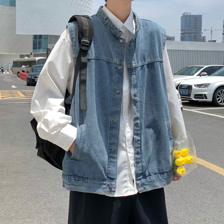 Áo gile bò nam ống rộng, áo khoác jean nam không tay cổ đức from rộng thời trang Ulzzang Hàn Quốc
