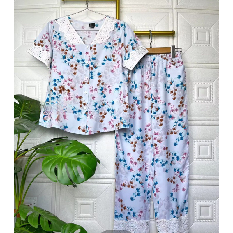 Bộ tole(lanh) hàng vnxk f21 tay ngắn quần dài cổ V phối viền ren (XXL65-75kg)