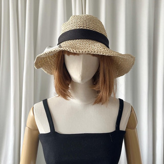 Mũ cói vành rộng vintage nơ đen - N247