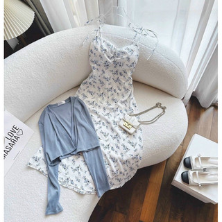 Set đầm midi 2s hoa khoác xanh