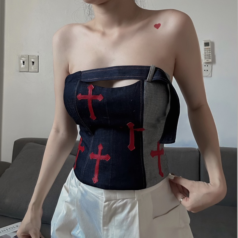 ✨Áo Croset “CROSS Top”———Áo Jean đắp da thánh giá. | BigBuy360 - bigbuy360.vn
