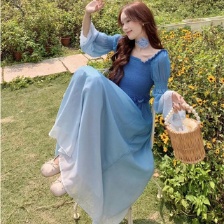 Đầm cổ vuông màu gradient kiểu Pháp cổ điển, váy maxi dáng dài đi biển, đi chơi siêu xinh