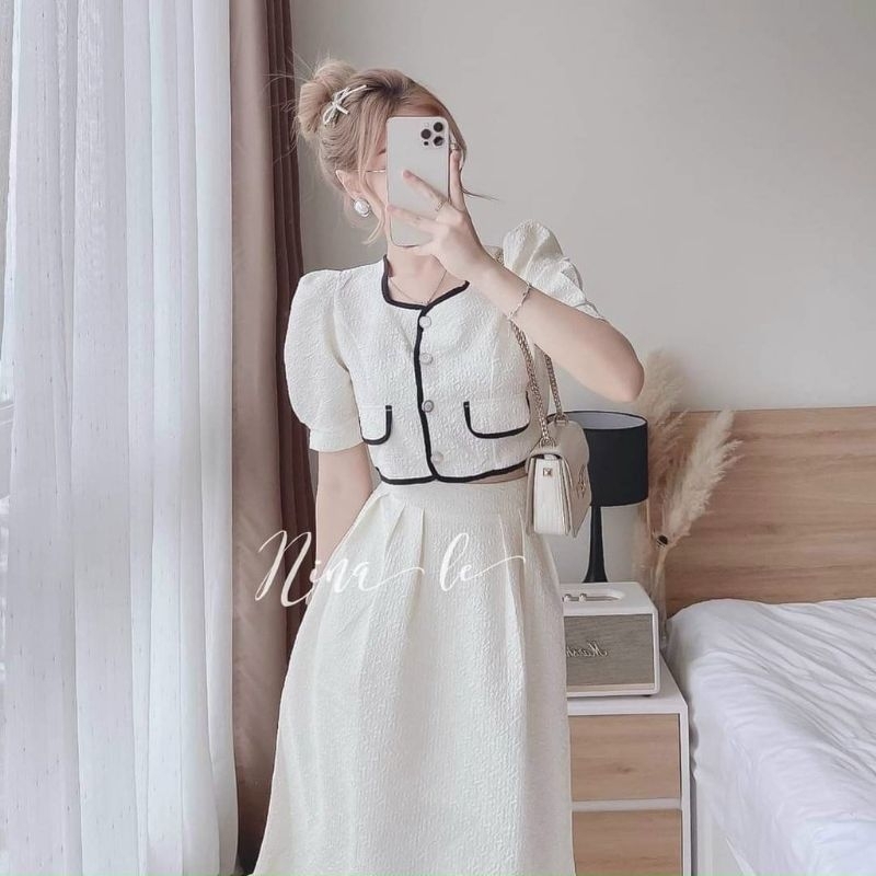 Sét áo và chân váy nữ đám cưới áo kiểu crotop viền né giả túi kèm chân váy xòe phong cách tiểu thư sang chảnh Vip 50