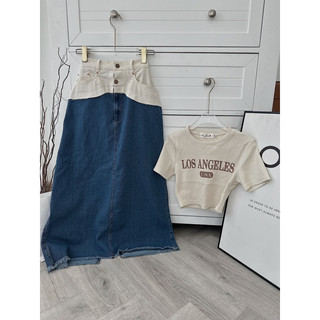 SET CROP CHỮ CHÂN VÁY MIDI JEAN PHỐI EO