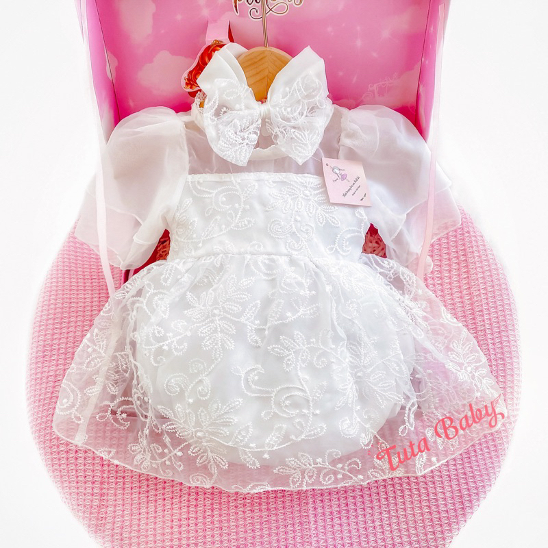 Bodysuit Cho Bé Gái Vải Ren Trắng Phối Tay Lụa Tơ, Body Bé Gái Tặng Kèm Turban Mặc Đầy Tháng, Đi Chơi, Đi Tiệc
