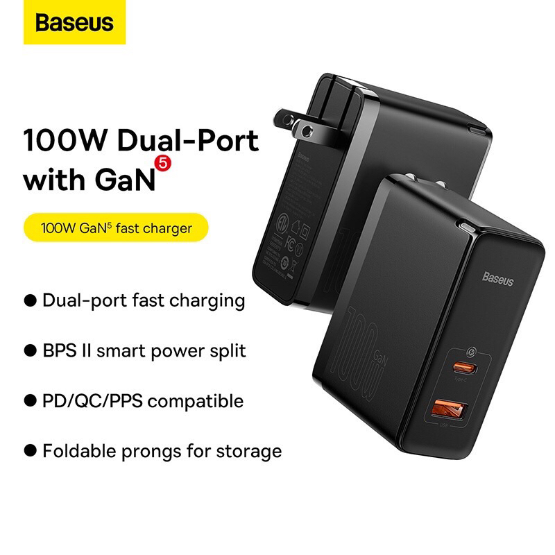 Bộ Sạc Nhanh Đa Năng Baseus Công Suất Cao GaN5 Pro Fast Charger C+U 100W Dùng cho Điện Thoại/Laptop bảo hành 6 tháng