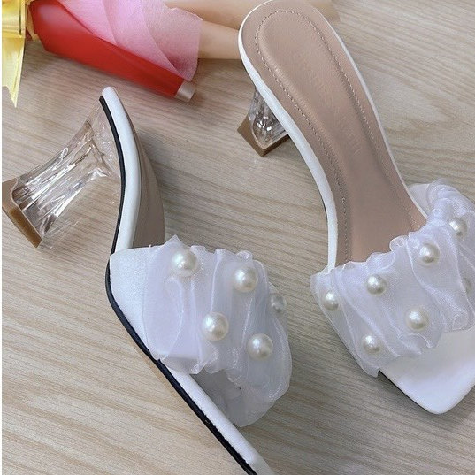 Guốc cao gót vuông trong 7p quai bản nhún ren kết hạt châu lớn G21