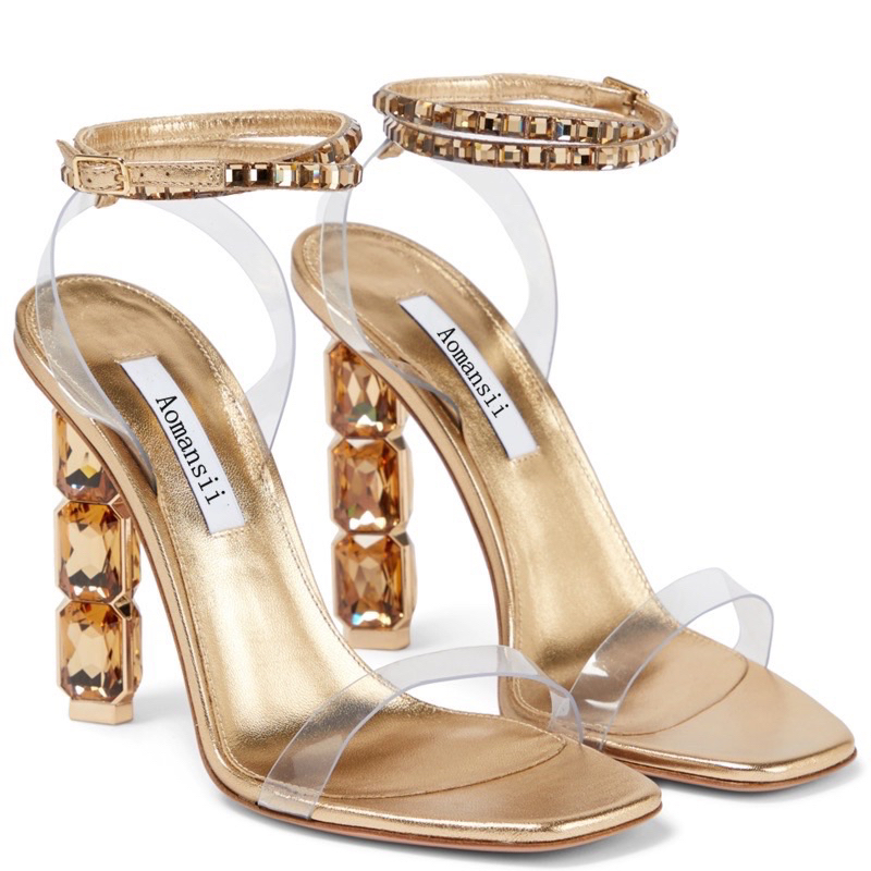 ORDER❤Sandal Korea gót pha lê quai ngang dây đá 10cm 34-40