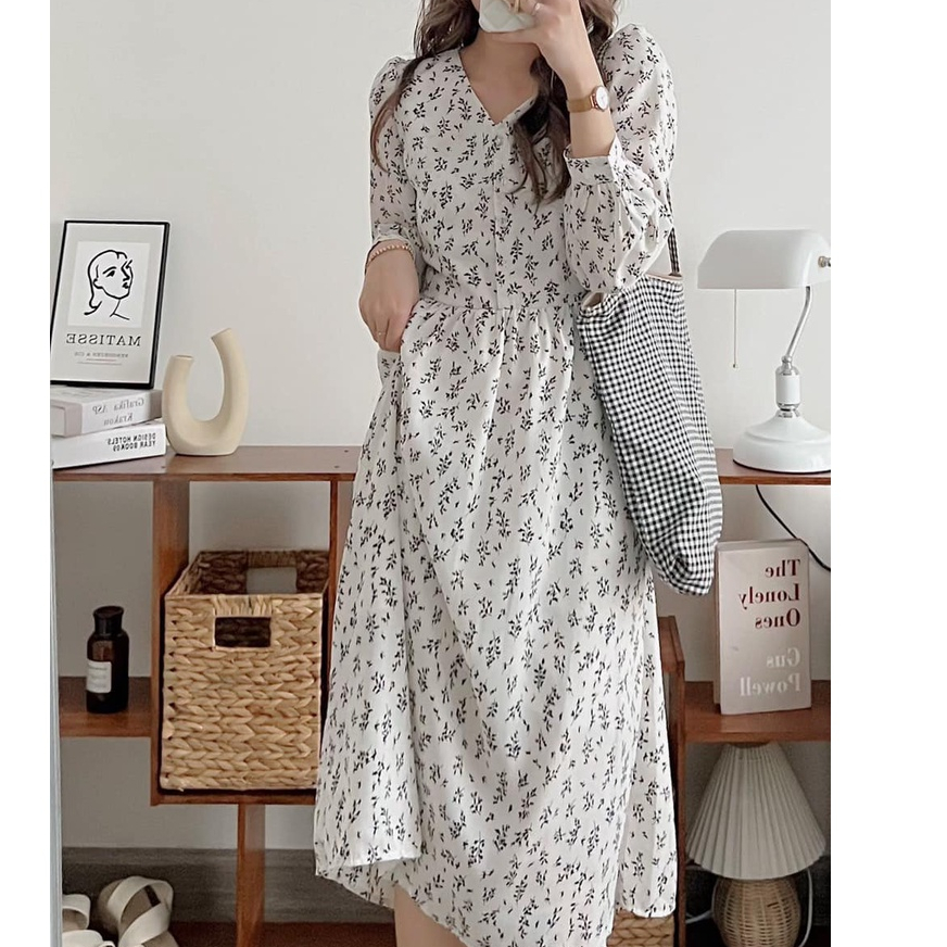 Đầm/Váy babydoll dáng dài hoa cỏ màu be Vintage style - Momiji Store