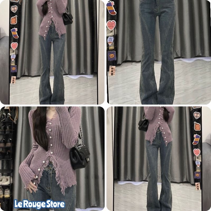 (ORDER) Quần jeans nữ thời trang màu xanh nhạt ống loe nhẹ suông dài sọc gân lượn sóng cá tính sexy