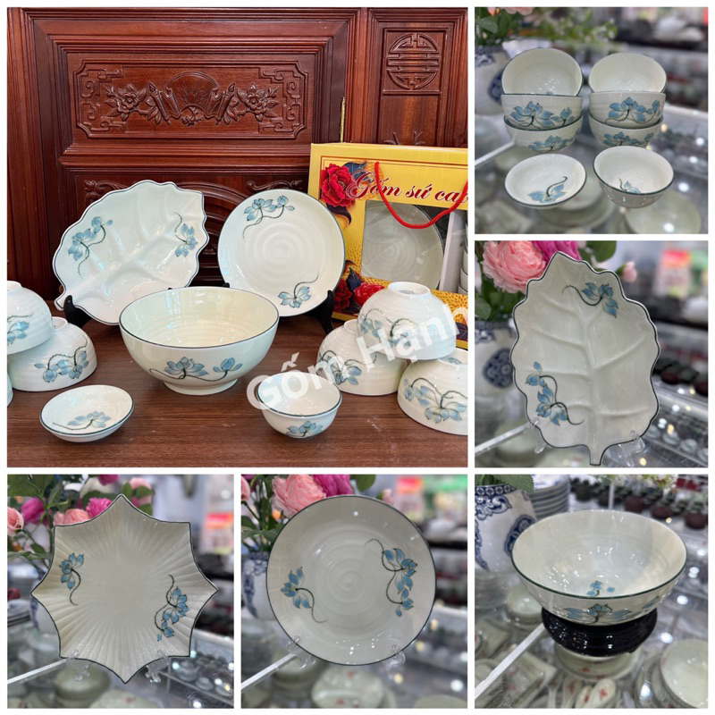 Bộ bát đĩa ăn cơm gốm Bát tràng đẹp men kem vẽ sen xanh - Bán lẻ các món - Bộ bát đĩa giá rẻ