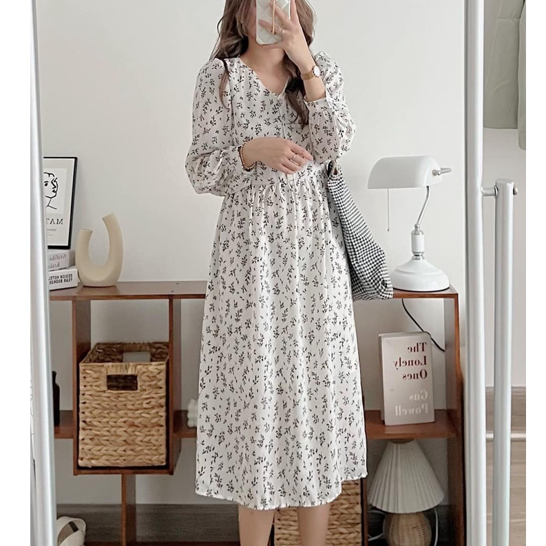 Đầm/Váy babydoll dáng dài hoa cỏ màu be Vintage style - Momiji Store