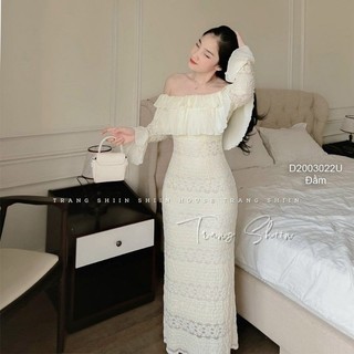 Đầm ren tay dài bẹt vai phối bèo dập li!