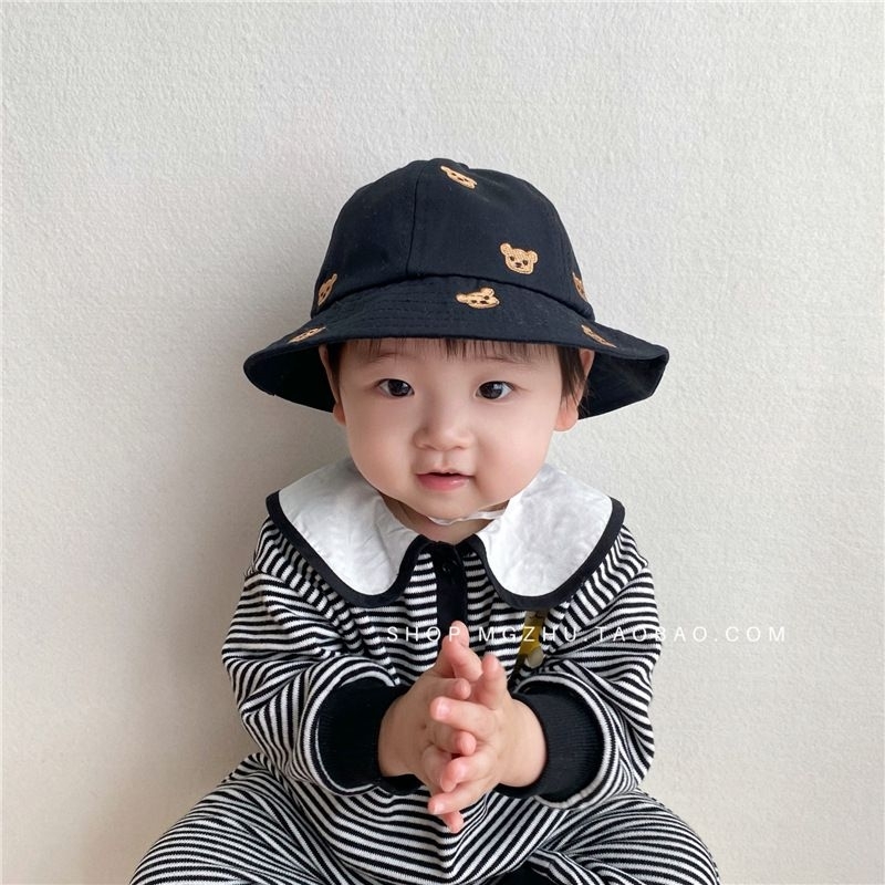 Mũ vành thêu họa tiết gấu dễ thương cho bé, mũ vành gấu có dây quai cho bé