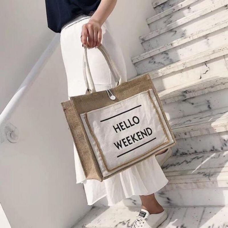 Túi Cói Hello Kích  Thước 35x29 Có 2 Ngăn, Màu Sắc Trắng Và Đen