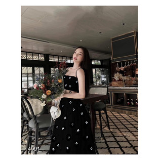 Set maxi cúp ngực phom xoè vải dập hoa