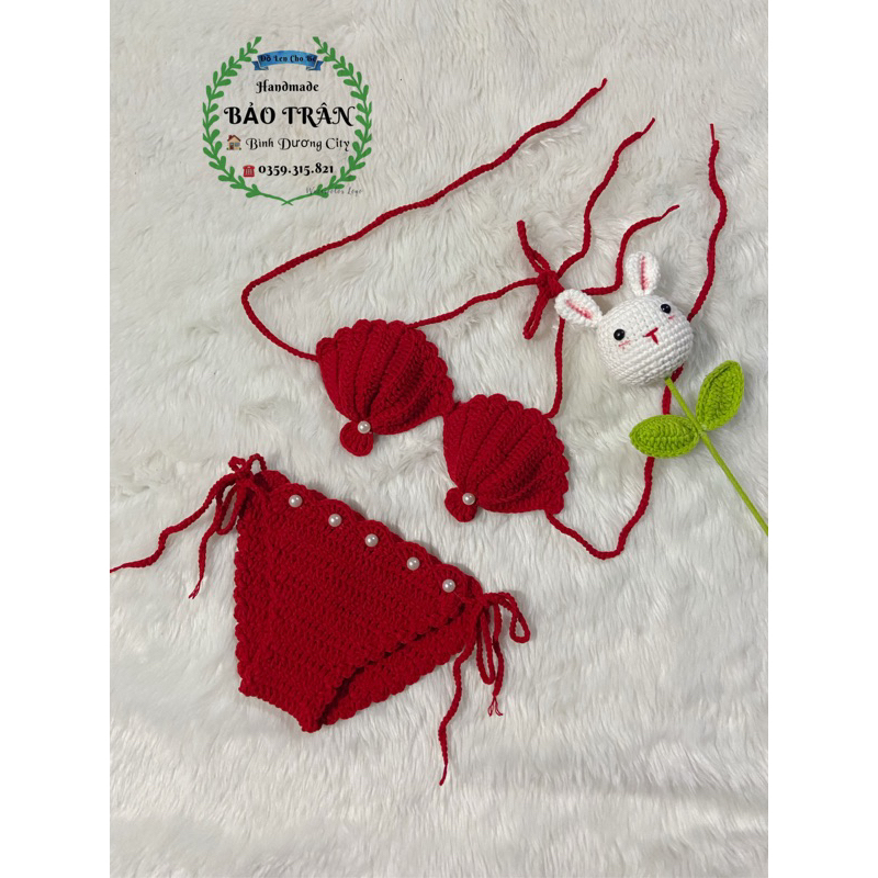 Bikini len handmade sò đỏ bé gái