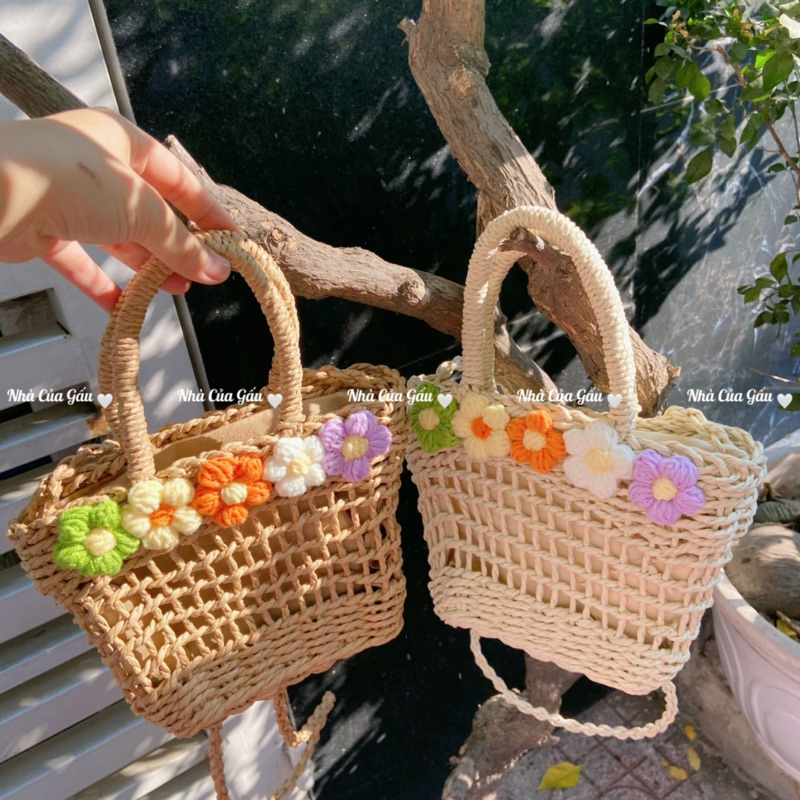 Set nón cói, túi cói hoa xinh xỉu