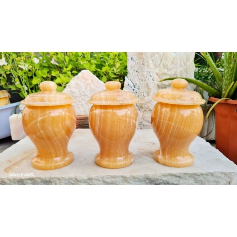 Hủ đựng Gạo, Muối, Nước cao 11cm đá Ngọc Hoàng Long màu vàng và ngọc Xanh Ấn Độ nguyên khối giá 1 hủ