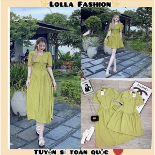 : Váy li cúc nhún eo 2 form màu xanh cốm cúc đồng kẻm ảnh thật trải sàn LOLLA FASHION