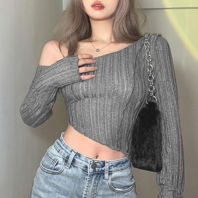 Áo thun croptop vạt xéo tay dài lệch vai ôm body phong cách hàn, cá tính 636 FIORI STORE