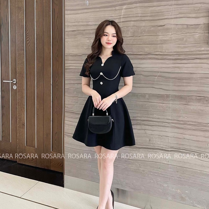 Váy Đầm Đen Ngắn Tay Đính Khuy Đá Thời Trang Nữ Rosara VA23