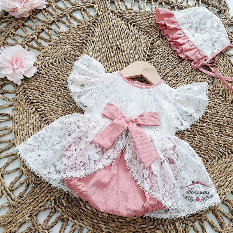 Body váy tiểu thư ren trắng phối nơ hồng Baby siêu cưng - Tocxumi