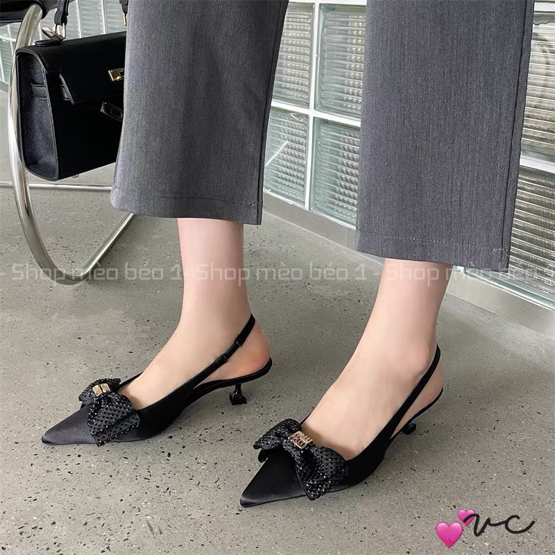 Sandal mũi nhọn bọc lụa nơ đá ngang gót nhú fullbox hàng quảng châu cao cấp