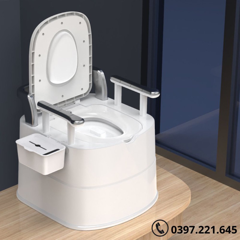 Bồn cầu di động cho người già,bồn cầu cho người bệnh,bà bầu tiện lợi chất liệu nhựa abs cao cấp có tay vịn đệm tựa lưng