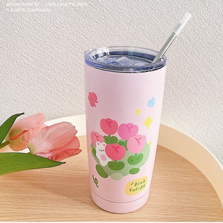 Ly Giữ Nhiệt Kèm Ống Hút PINK TULIP Cốc Inox Không Gỉ 500ml Chia.bottle