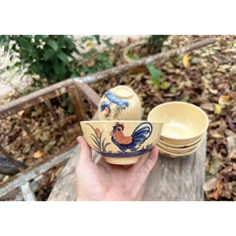 Combo 10 Chén Ăn Cơm Vẽ Con Gà Trống Cổ Xưa ĐK12.5cm - Gốm Xưa Cho Người Hoài Niệm -Gốm Nam Bộ