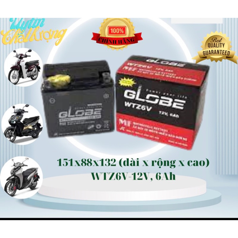 Ắc quy khô xe máy GLOBE 12v - 6Ah WTZ6V Dùng cho xe máy Air blade, Click, Vision, SH Mode, SH, PCX, Janus, Impulse.