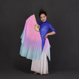 Quạt lụa dài múa cổ trang TQ - màu loang hồng tím xanh CQU7