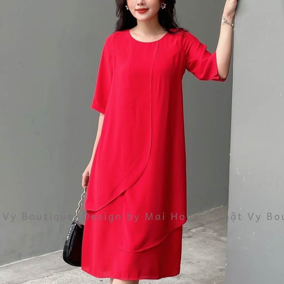 Đầm Váy Dạo Phố Big Size MAIHOUSE Dáng Suông Cổ Tròn Tà Đắp Chéo Tay Lửng Chất Tằm Ý Màu Đen Đỏ - D2374