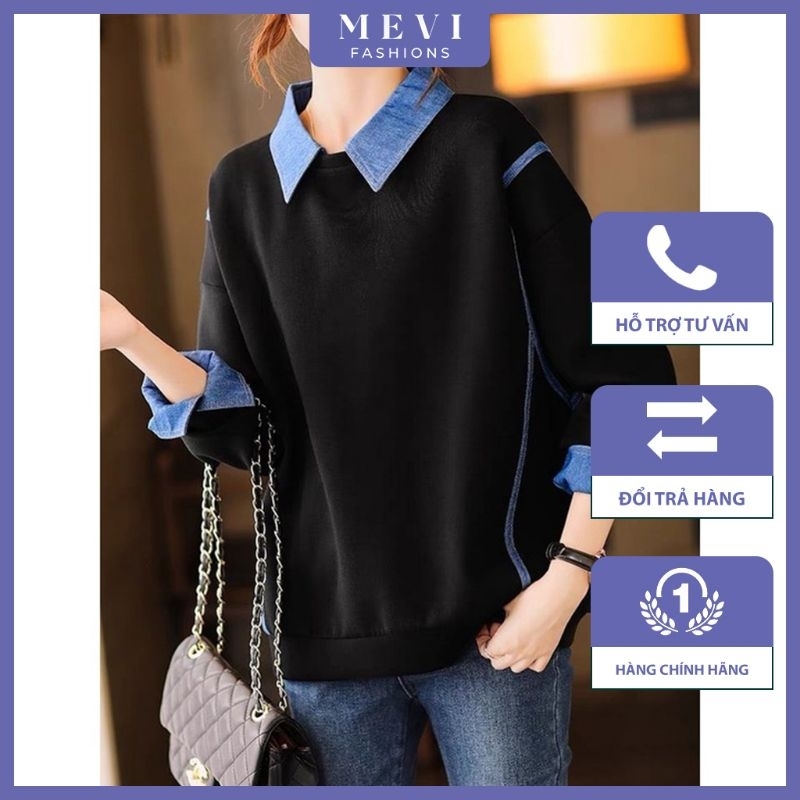 Áo nỉ Hàn phối cổ sơ mi chất jean sang chảnh MEVI_A9034