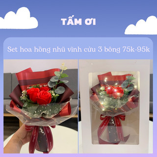 Set túi hộp hoa hồng sáp đỏ 3 bông kèm thiệp và socola đức