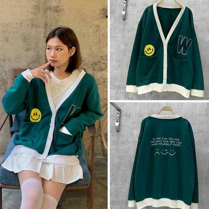 Áo Khoác Cardigan Mặt Cười W Xanh Be Form Rộng nam nữ-cadigan tuổi teen,học sinh mặc đi học thích hợp