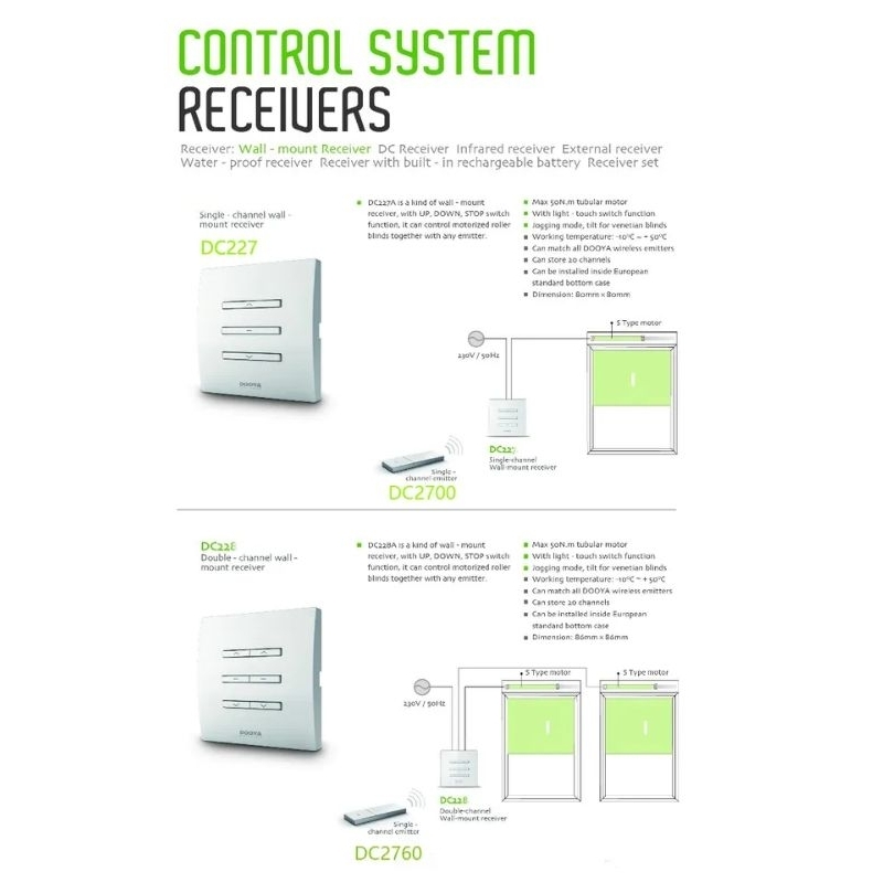 Mặt công tắc khiển động cơ rèm Dooya 4 dây DC227A và DC228A  kích thước 86x86 mm