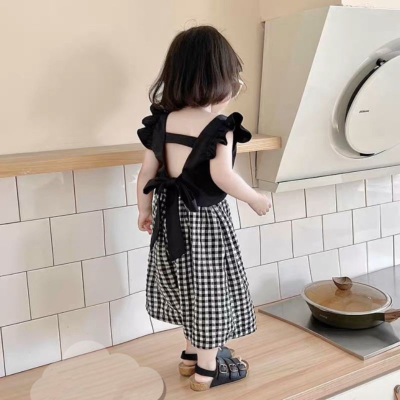 Bộ  áo cánh tiên nơ lưng kèm quần xuông caro tiểu thư bé gái