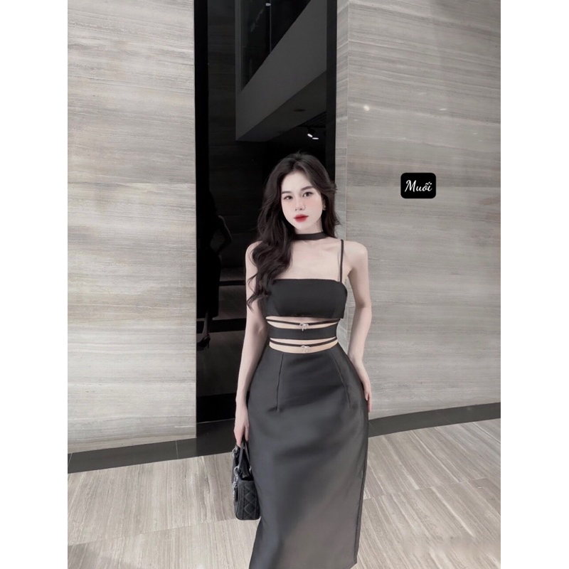 Váy tafta body cut out dây cổ dự tiệc sang chảnh