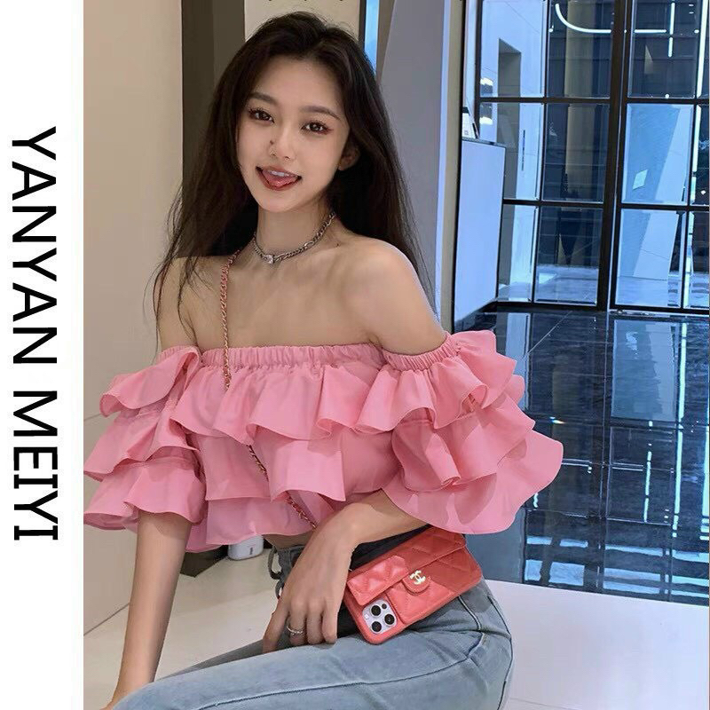 Áo bẹt vai tầng siêu cưng, Áo croptop trễ vai tay phồng 2 lớp nhún lưng ôm dáng bánh bèo 💕💕💕S999