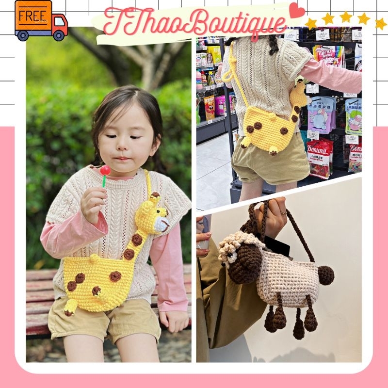 Túi Đeo Chéo Bé Gái, Bé Trai Túi Đan Len Hươu Cao Cổ, Cừu Trắng Phong Cách Hàn Quốc