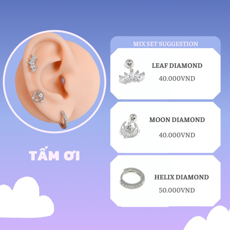 Khuyên xỏ đính đá mặt trăng, lá, tròn bằng thép y tế không han gỉ di ứng