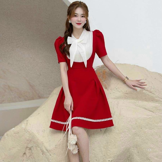 Đầm thời trang nữ sang chảnh dự tiệc chất cotton lạnh cổ dập ly chạy nơ viền ren tay ngắn dáng xoè maxi siêu xinh