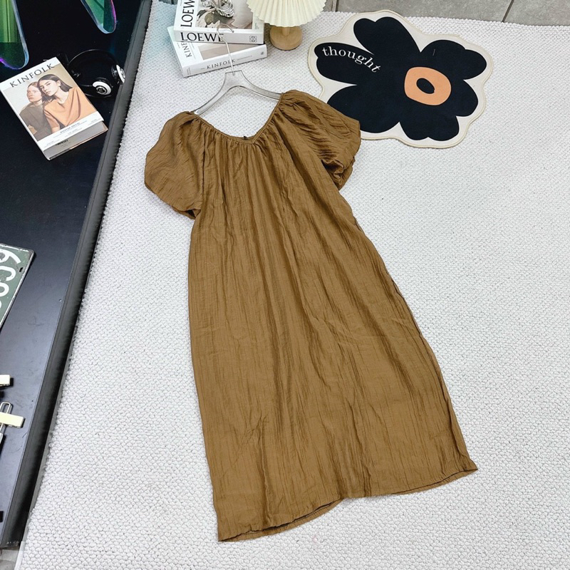 Đầm Đũi Tơ Nhăn Tay Bồng Cổ V Siêu Mát Mã QT028