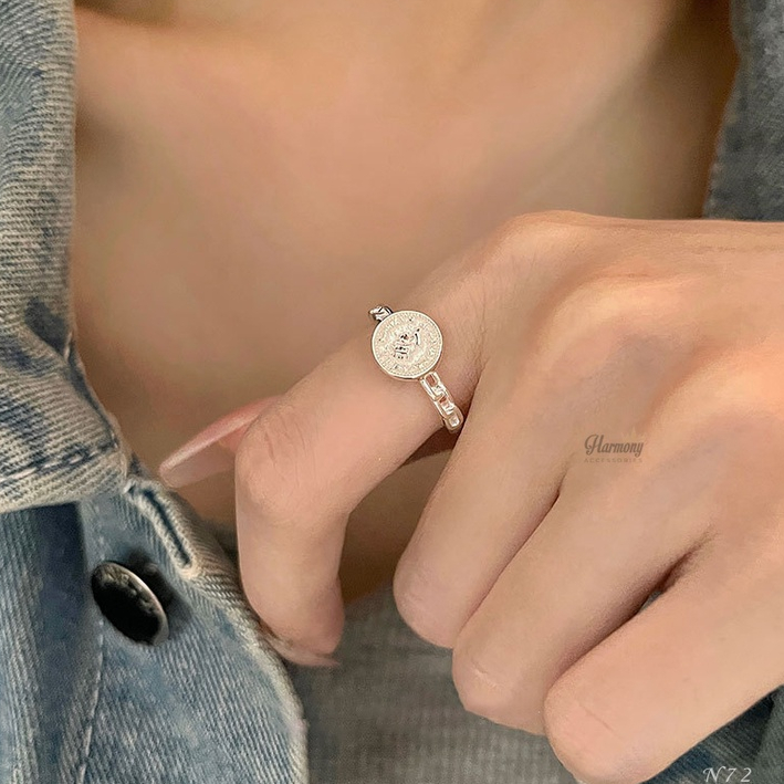 Nhẫn nữ bạc 925 cao cấp dáng mở freesize hình đồng xu nữ hoàng châu âu Fiona | HARMONY ACCESSORIES N72