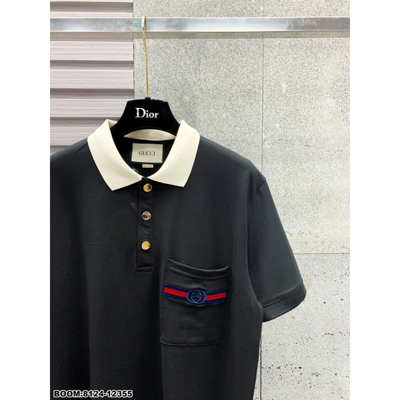 Áo polo nam hoạ tiết túi ngực hot hit cổ xanh kem