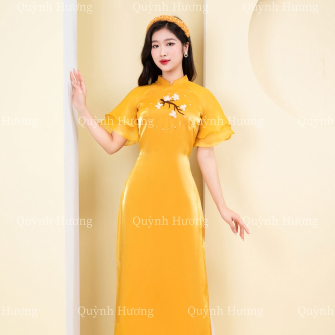 Áo Dài cách tân voan tơ nhũ màu vàng nhẹ nhàng siêu xinh by Quỳnh Hương